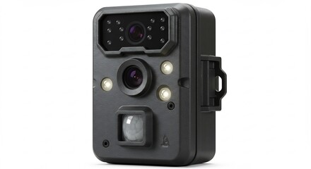 Obraz premium 夜間撮影機能搭載の頑丈なトレイルカメラ 明るいスタジオ照明で細部まで鮮やかに際立つ. AI Generated