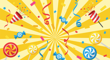Vibrant Party Celebration Vector Illustration with Confetti, Candy, and Party Poppers on a Sunny Yellow Background