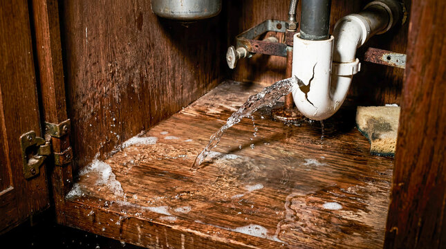 Burst pipe leaking water under kitchen sink cabinet household emergency plumbing repair maintenance house damage accident flood insurance claim service background