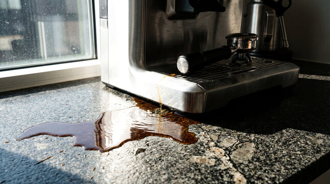 Leaking coffee maker water spill kitchen countertop household emergency appliance repair maintenance house damage accident broken machine insurance claim service