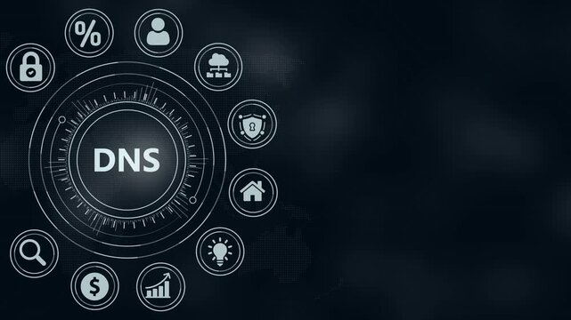 Futuristic Digital Interface with DNS Iconography and Global Network Overlay Keywords: technology, digital, interface, DNS, network, data, connection, global, futuristic