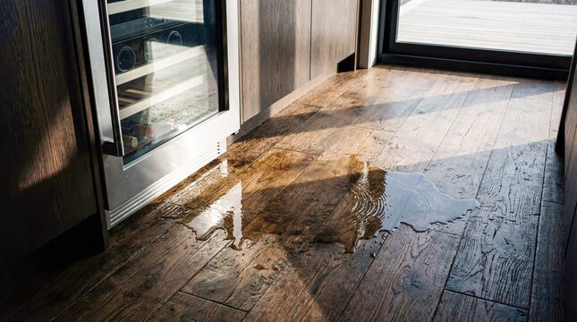 Leaking wine cooler mini fridge water puddle wooden floor household emergency appliance repair maintenance house damage accident flood insurance claim service