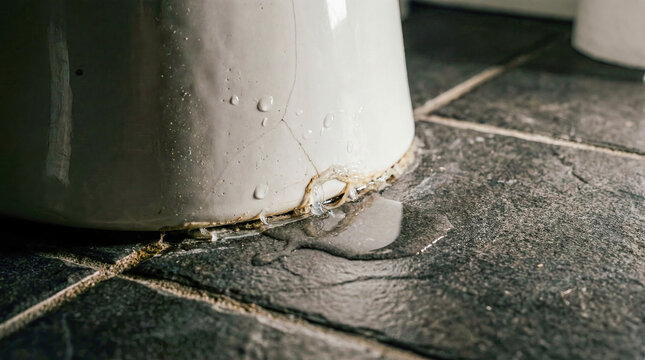 Leaking toilet base water puddle bathroom floor household emergency plumbing repair maintenance house damage accident flood insurance claim service background