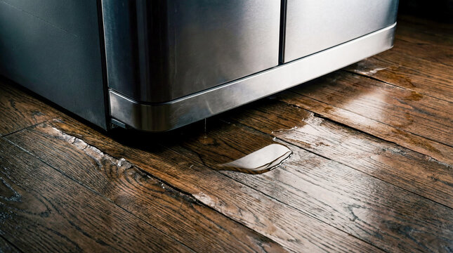 Leaking refrigerator water puddle hardwood floor household emergency appliance repair maintenance house damage accident flood insurance claim service kitchen