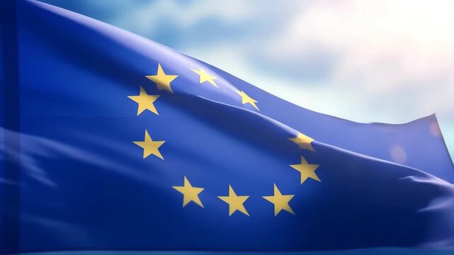 Flag of European Union waving in the breeze against a sunset sky. Banner with EU flag.