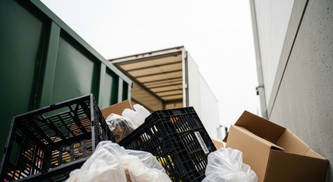 Overflowing commercial dumpster behind storefront with mixed waste spilling out &mdash; urban waste management failure for municipal critique and sustainability content.