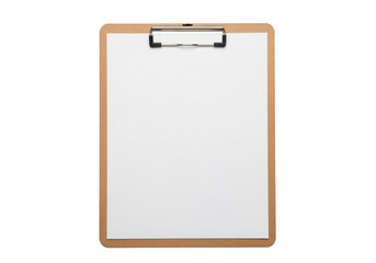 A wooden clipboard with a blank white sheet of paper attached to it isolated on transparent background 'Png