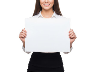 Naklejka premium Woman holding a blank white signboard against a white background isolated on transparent background 'Png