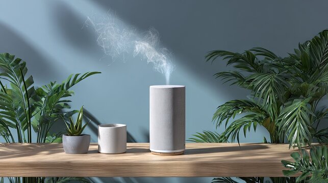 Modern air purifier with steam on wooden shelf surrounded by green plants