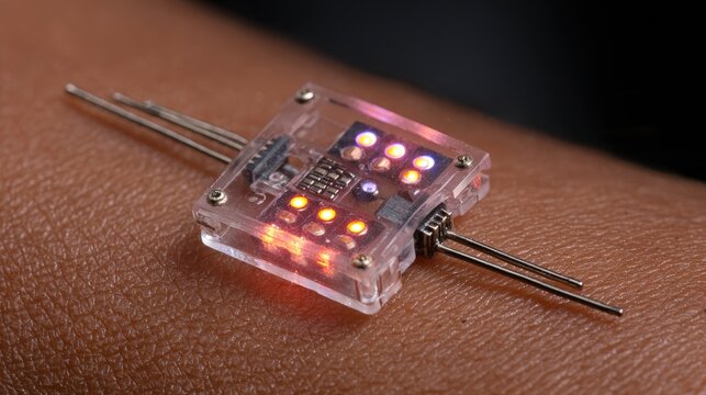 Small electronic component with glowing lights rests directly upon human skin.
