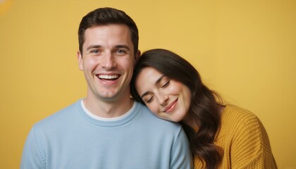 Fototapeta premium Joyful young couple with man laughing and woman leaning on his shoulder. Bright yellow studio background. Happiness and comfort in relationship concept