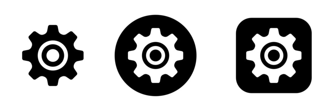 Settings gear icon set for configuration, system control and preferences. Cogwheel symbols for app interface, software settings menu and web dashboard UI