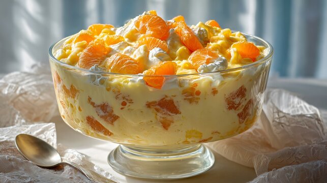 Creamy acini di pepe pasta folded into orange-infused custard base, glossy mandarin segments evenly distributed, soft whipped topping gently incorporated, served in large clear trifle bowl