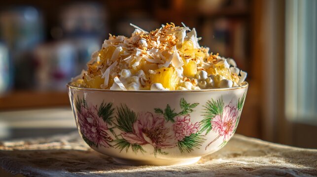 Creamy acini di pepe salad mixed with pineapple tidbits and marshmallows, topped generously with golden toasted coconut flakes, served in a ceramic bowl with vintage floral pattern