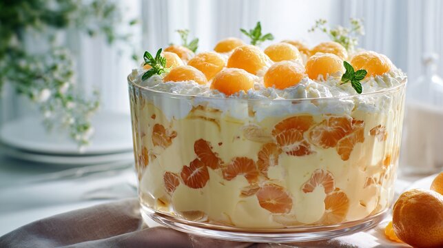 Creamy acini di pepe pasta folded into orange-infused custard base, glossy mandarin segments evenly distributed, soft whipped topping gently incorporated, served in large clear trifle bowl