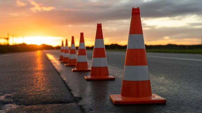 Road construction barriers aligned during sunset on a wet pavement.