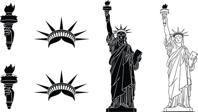 Icon set statue of liberty and torch symbols for freedom and democracy