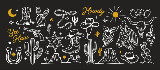 Western doodle vector set with cowboy hats, boots, cactus, horse, skull, revolver, sheriff badge, and desert elements, perfect for vintage, rustic, and Wild West designs. 