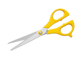 A pair of bright yellow handled scissors with sharp blades. isolated on transparent background