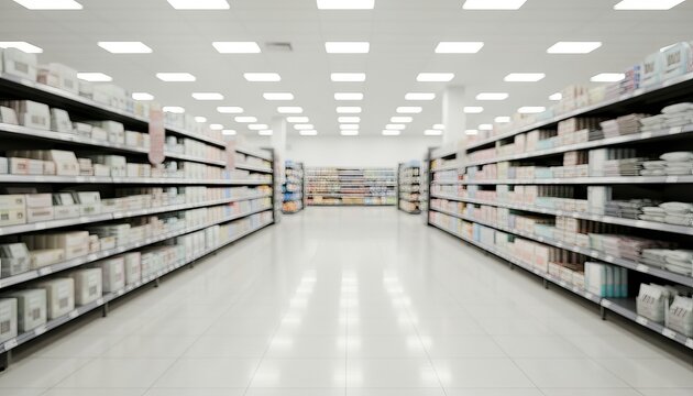 Empty modern supermarket aisle with fully stocked shelves, polished tile floor, bright diffused ceiling lights, symmetrical perspective, clean retail interior. AI generative