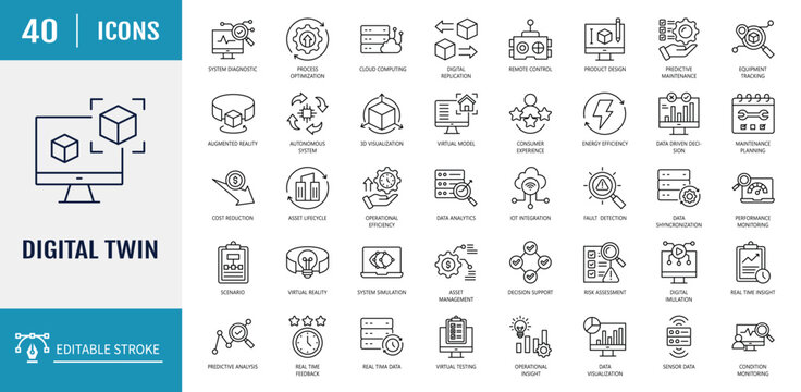 Digital twins icon set. Includes virtual model, real time data, asset management, iot integration. Outline icon set. Vector illustration with editable stroke