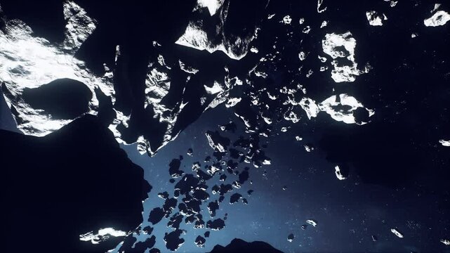 dark asteroid field drifting through space, illuminated by distant starlight, fragments tumbling in slow rotation, cold blue tones, sense of isolation and vast