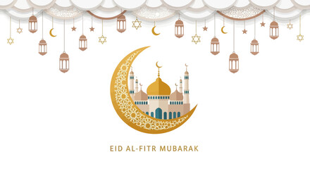 Obraz premium Islamic Eid Al-Fitr Mubarak greeting banner, golden crescent moon with mosque illustration, hanging lanterns and clouds on white background EPS