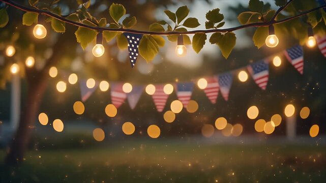 Patriotic outdoor celebration with string lights and American flags