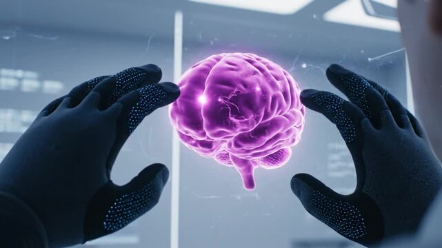 Medical researcher using haptic gloves to examine a glowing pink brain hologram