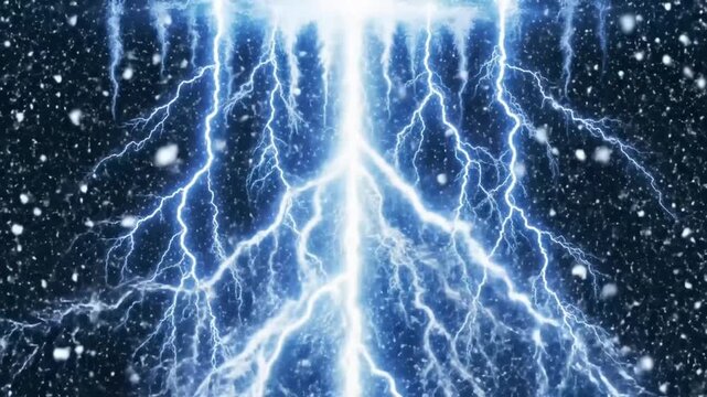 Electric blue lightning strikes through falling snow, dark stormy sky