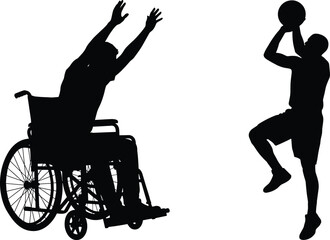 Basketball players silhouettes including a wheelchair athlete and a player jumping for a shot, sports inclusivity and diversity vector concept, © Najmin