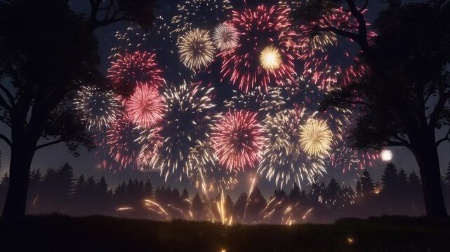 Magical night sky with vibrant fireworks exploding over silhouette trees