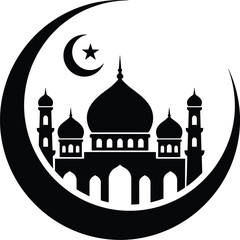 Islamic mosque silhouette vector illustration, crescent moon, star, religious architecture, cultural design, Ramadan, Eid celebration, tradition, worship, art