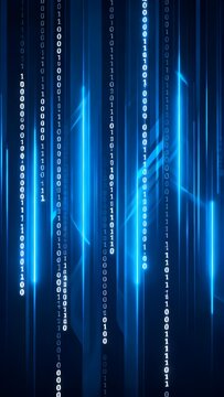 Digital binary code streaming vertically in blue light against a dark background, resembling a data matrix.