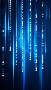Digital binary code streaming vertically in blue light against a dark background, resembling a data matrix or digital rain effect.