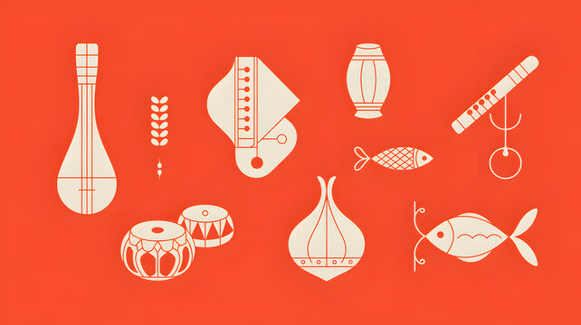 Bengali cultural icons and symbols of celebration, on an orange background.