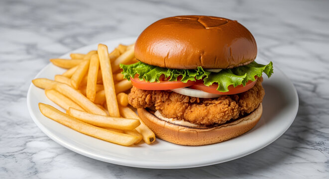 Delicious chicken sandwich and french fries on a plate