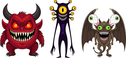Three cartoon monsters, red horned creature with glowing eyes, purple multi-eyed monster with sharp teeth, brown winged beast with stalked eyes, fantasy horror illustration © MSTAMENA