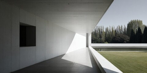 Obraz premium Modern Concrete Architecture with Geometric Shadows and Lush Greenery Outdoors