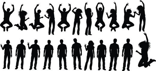 Fototapeta premium people, jumping, silhouette, group, dancing, crowd, celebration, happy, men, women, motion, energy, party, isolated, vector, illustration, black, cad, drawing, style