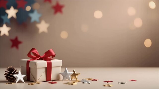 Beautifully wrapped gift box with red ribbon and star decorations for festive occasions