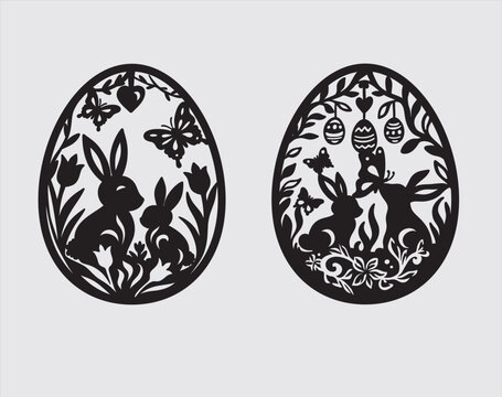 Easter egg silhouette set with bunnies, butterflies and flowers for laser cutting