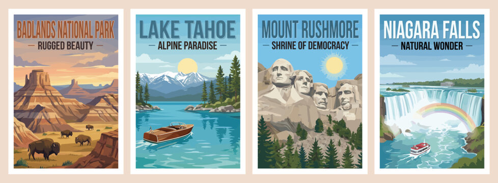 Vintage USA travel poster set. Including lake tahoe, mount rushmore, badlands, and niagara falls landmarks. Retro national park vector illustration.