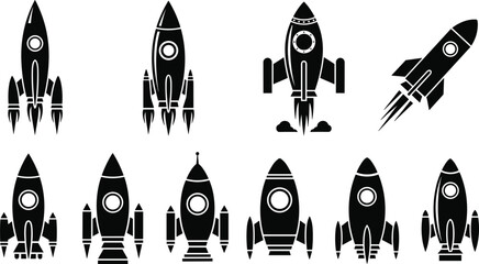 Rocket silhouette vector illustration collection, space exploration icons, creative designs, spacecraft artwork, launch symbol, technology, science, innovation, culture, art © Rahena ARAFAT