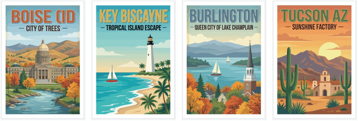Vintage usa travel poster set. Including boise idaho city of trees, burlington, tucson arizona, and key biscayne tropical island. Retro vector illustration.