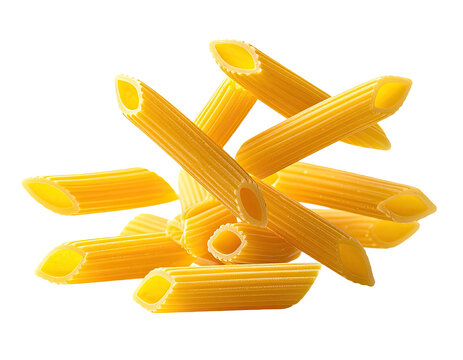 Dry penne pasta tubes piled and scattered against white