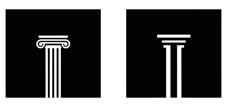 Ancient Greek column icons in a minimalist white flat style | Classic architectural pillars on black square backgrounds | Vector set for legal or history design