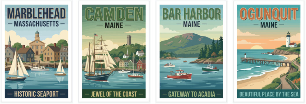 Vintage USA travel poster set. Including marblehead seaport, camden coastal town, bar harbor bay, and ogunquit lighthouse scenes. Retro vector illustration.