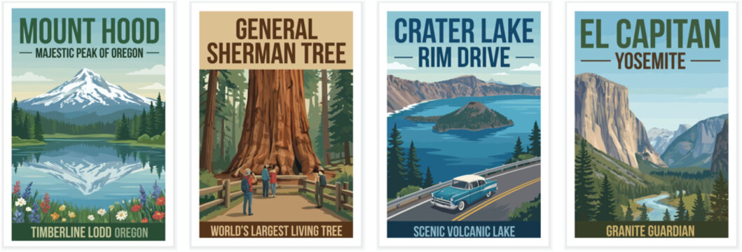 Vintage USA travel poster set. Showcasing mount hood peak, general sherman tree, crater lake rim drive, and el capitan yosemite. Retro vector art.