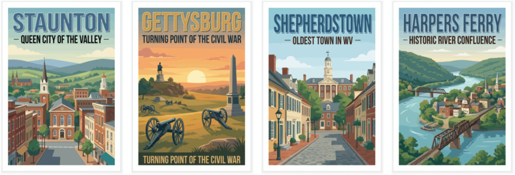 Vintage USA travel poster set. Including staunton valley, gettysburg battlefield, shepherdstown town, and harpers ferry river. Retro vector illustration.